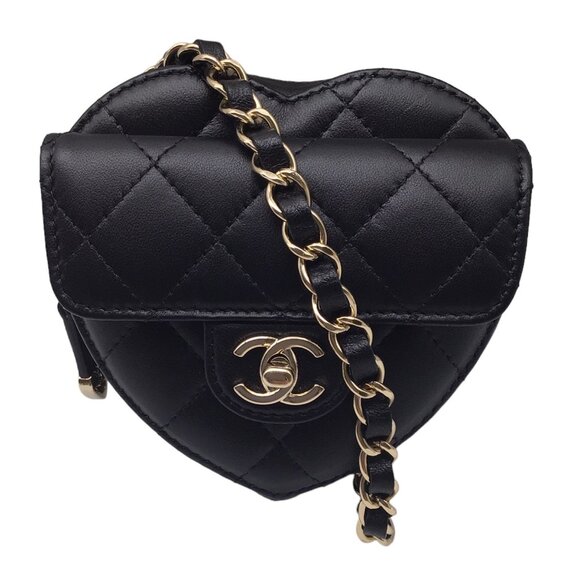 Chanel Black 2022 Quilted Lambskin Leather Mini Heart Handbag / Belt Bag - Picture 1 of 16